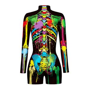 Scary Multi Colored Skeleton 3D Digital Printed High Neck Long sleeve Shorts Bodysuit Halloween Costume N22337