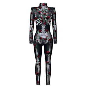 Scary Red Rose Bone 3D Digital Printed Unitard Skeleton High Neck Bodysuit Halloween Costume N22320