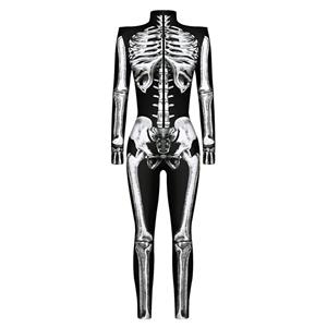 Horrible Skull Printed Jumpsuit, Halloween Skeleton High Neck Slim Fit Bodysuit, Halloween Bodycon Jumpsuit, Long Sleeve High Neck Jumpsuit, Halloween Skeleton Jumpsuit for Women, #N22316