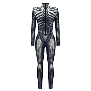 Horrible Skull Printed Jumpsuit, Halloween Skeleton High Neck Slim Fit Bodysuit, Halloween Bodycon Jumpsuit, Long Sleeve High Neck Jumpsuit, Halloween Skeleton Jumpsuit for Women, #N22321