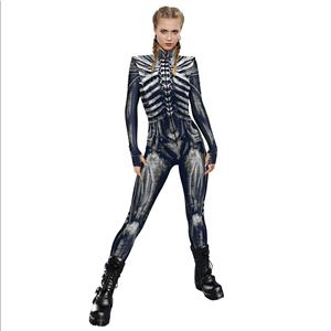 Scary White Bone 3D Digital Printed Unitard Skeleton High Neck Bodysuit Halloween Costume N22321