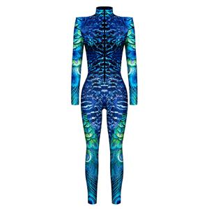 Blue Robot 3D Printed Unitard Humanoid High Neck Bodysuit Halloween Cosplay Costume N22326