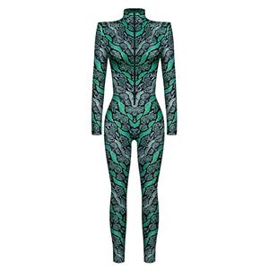 Futuristic Robot Printed Jumpsuit, Halloween Robot High Neck Slim Fit Bodysuit, Halloween Bodycon Jumpsuit, Long Sleeve High Neck Jumpsuit, Halloween Robot Jumpsuit for Women, #N22329