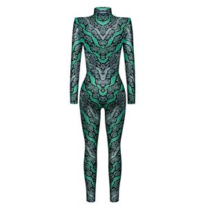 Green Robot 3D Printed Unitard Humanoid High Neck Bodysuit Halloween Cosplay Costume N22329