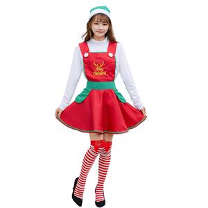 3pcs Women's Cute White Long Sleeve Red High Waist Mini Dress Christmas Costume With Apron N19456