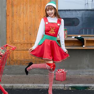 3pcs Women's Cute White Long Sleeve Red High Waist Mini Dress Christmas Costume With Apron N19456