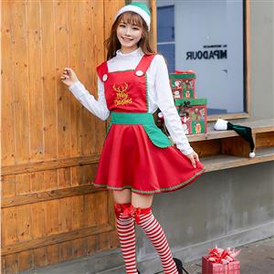 3pcs Women's Cute White Long Sleeve Red High Waist Mini Dress Christmas Costume With Apron N19456