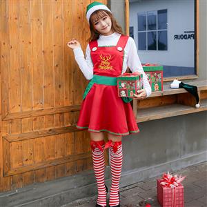 3pcs Women's Cute White Long Sleeve Red High Waist Mini Dress Christmas Costume With Apron N19456