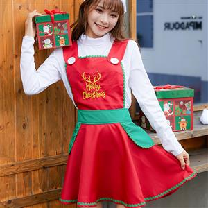 3pcs Women's Cute White Long Sleeve Red High Waist Mini Dress Christmas Costume With Apron N19456