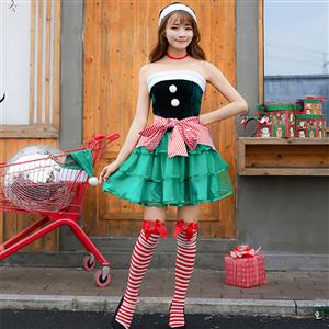 4pcs Sexy Lady Green Velvet Off-shoulder Cute Tutu Christmas Costume With Apron N19457