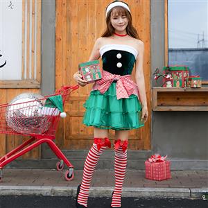 4pcs Sexy Lady Green Velvet Off-shoulder Cute Tutu Christmas Costume With Apron N19457