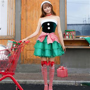 4pcs Sexy Lady Green Velvet Off-shoulder Cute Tutu Christmas Costume With Apron N19457