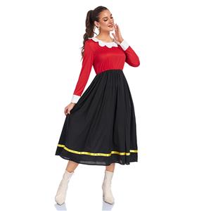 90s Retro Sailor Style Dress with Ruffle Collar - Red Black Flared Dress for Vintage Fashion N23802