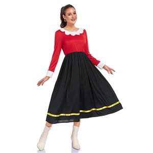 90s Retro Sailor Style Dress with Ruffle Collar - Red Black Flared Dress for Vintage Fashion N23802