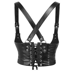 Steampunk Leather Corset Top with Adjustable Buckle and Cross Back Straps N23905
