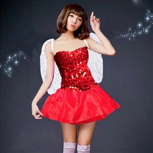 Women's Red Glittering Fairy Pixie Mini Skirt with Wings Costume Set N18673