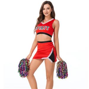 Hot Adult Cheerleader Crop Top Mini Skirt and Pom-poms Uniform Carnival Cosplay Costume N21455