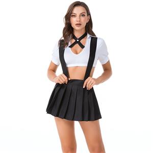 Sexy School Girl Uniform Cosplay Adult Costume Belly Shirt Crop Top Mini Pleated Skirt Set N21458