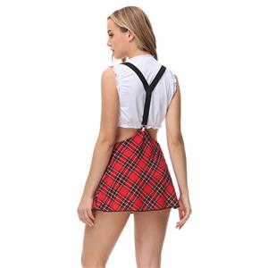 Sexy School Girl Uniform Adult Bra Top and Plaid Suspender Mini Skirt Cosplay Costume N21639