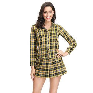 Hot Adult School Girl Cosplay Costume Lapel Check Shirt Plaid Pleated Mini Skirt Set N19122