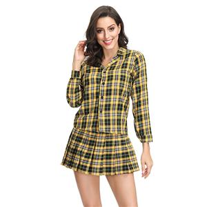 Hot Adult School Girl Cosplay Costume Lapel Check Shirt Plaid Pleated Mini Skirt Set N19122