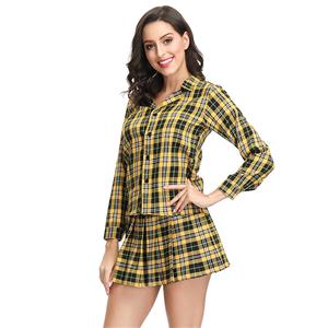 Hot Adult School Girl Cosplay Costume Lapel Check Shirt Plaid Pleated Mini Skirt Set N19122