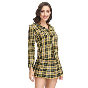 Hot Adult School Girl Cosplay Costume Lapel Check Shirt Plaid Pleated Mini Skirt Set N19122