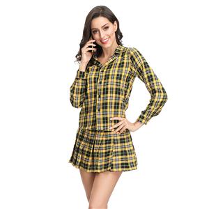 Hot Adult School Girl Cosplay Costume Lapel Check Shirt Plaid Pleated Mini Skirt Set N19122