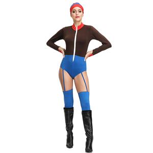 1980s Aerobics Girl Long Sleeve Stretchy One-piece Sports Fitness Bodysuit Cosplay Costume N19149