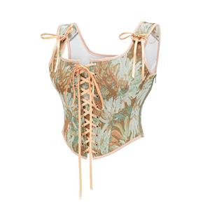 Women's Apricot Floral Jacquard Corset Top Square Neck Front Lace-Up Shoulder Ties N23969