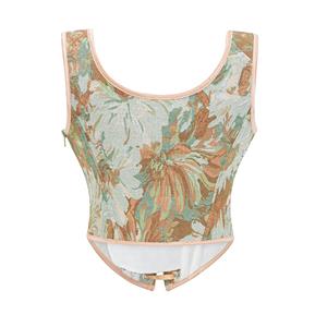 Women's Apricot Floral Jacquard Corset Top Square Neck Front Lace-Up Shoulder Ties N23969