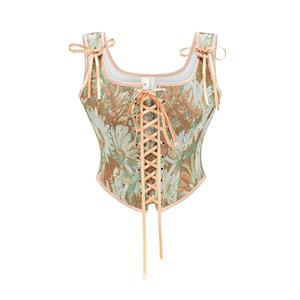 Women's Apricot Corset, Floral Jacquard Bustier, Square Neck Top, Front Lace Up, Shoulder Bow Ties, Tropical Floral, Vintage Inspired, Structured Boning, Romantic Style, High Waist Match, Chic Outfit, Women's Fashion, Waist Cincher, Statement Top, Day To Night #N23969
