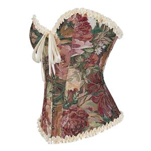Apricot Vintage Floral Corset Top, Lace-Up Back V-Neck Bustier with Adjustable Straps N23856
