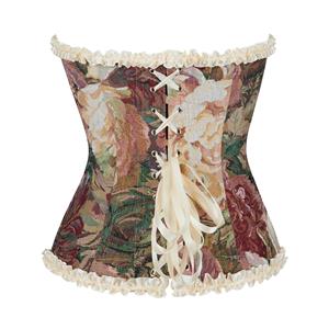Apricot Vintage Floral Corset Top, Lace-Up Back V-Neck Bustier with Adjustable Straps N23856
