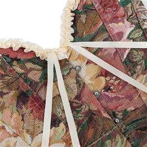 Apricot Vintage Floral Corset Top, Lace-Up Back V-Neck Bustier with Adjustable Straps N23856
