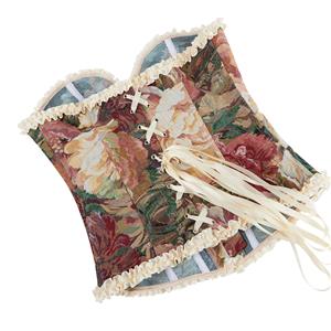 Apricot Vintage Floral Corset Top, Lace-Up Back V-Neck Bustier with Adjustable Straps N23856