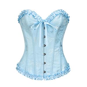 Victorian Gothic Azure Brocade Plastic Boned Ruffle Waist Cincher Body Shaper Overbust Corset N22416