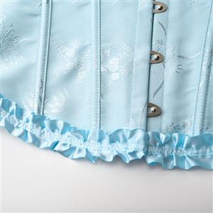 Victorian Gothic Azure Brocade Plastic Boned Ruffle Waist Cincher Body Shaper Overbust Corset N22416