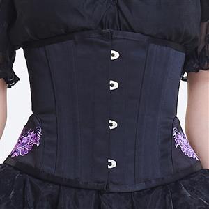 Vintage Black Steel Boned Cotton Embroidery Waist Cincher Underbust Corset N12595