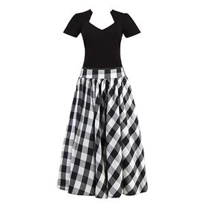 Vintage Black Cut Out Short Sleeve T-shirt and Plaid Skirt Set N12946