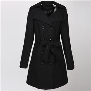 Women's Elegant Double-Breasted Wool Long Trench Coat with Belt N11868