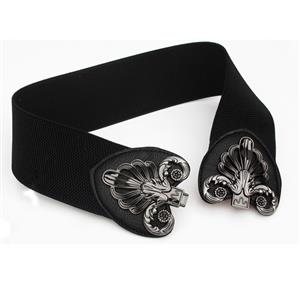 Fashion Black Elastic Wide Waistband Floral Alloy Interlock Buckle Waist Belt N18252