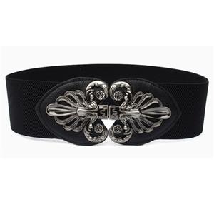 Fashion Black Elastic Wide Waistband Floral Alloy Interlock Buckle Waist Belt N18252