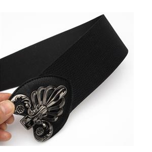 Fashion Black Elastic Wide Waistband Floral Alloy Interlock Buckle Waist Belt N18252