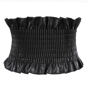 Fashion Black Faux Leather Ruffle Elastic Wide Waistband Waist Cincher Belt N18257