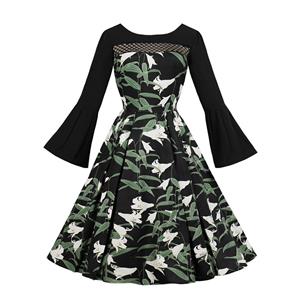 Black Elegant Mesh Round-neck Lily Printed Trumpet Sleeves High Waist Midi A-dress N18269