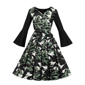 Black Elegant Mesh Round-neck Lily Printed Trumpet Sleeves High Waist Midi A-dress N18269