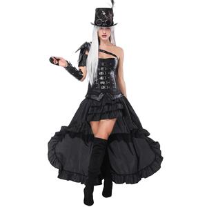 Women's Steampunk Black Faux Leather Buckles Overbust Corset High-low Skirt Set N16234