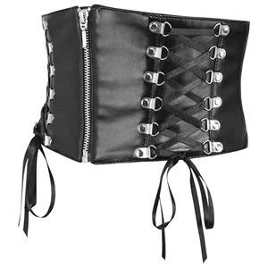 Black Faux Leather Corset Belt with Lace-Up Sides & Front Zipper N23922