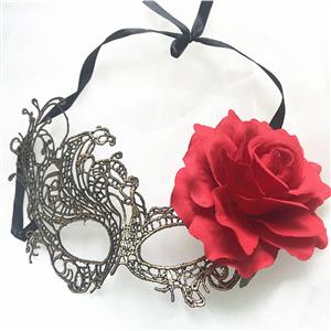Women's Mysterious Golden Masquerade Party Eye Mask With Red Rose MS20211
